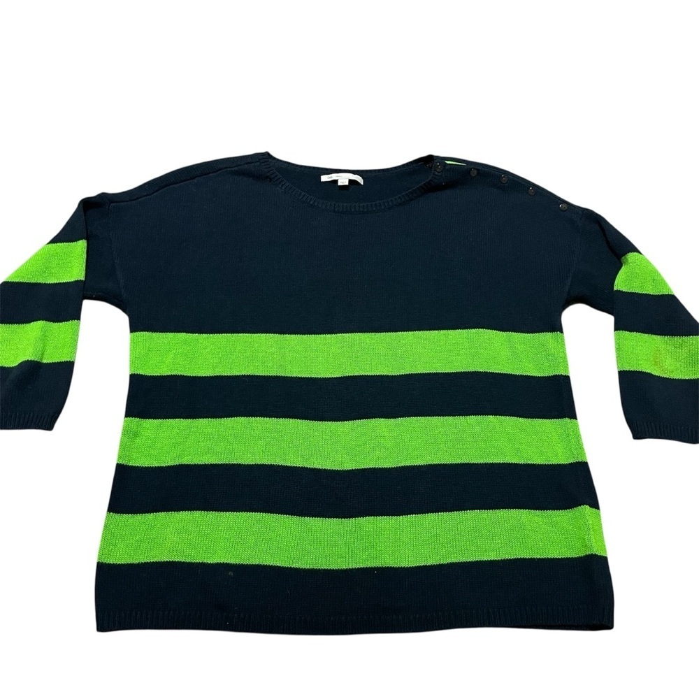 Gap Striped Knit Sweater 100% Cotton Size Small Navy Chartreuse 3/4 Sleeve
